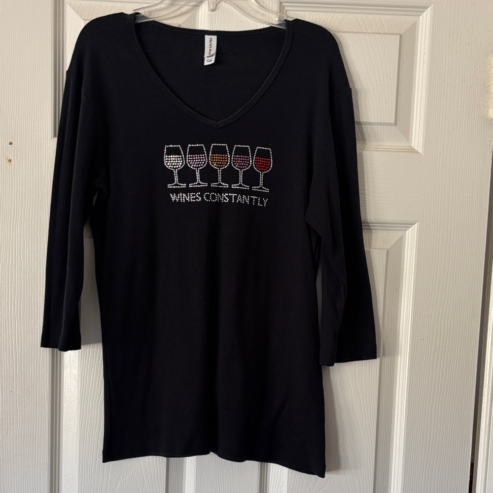 Women's Black V-Neck Long Sleeve Tee with Rhinestone Wine Glasses